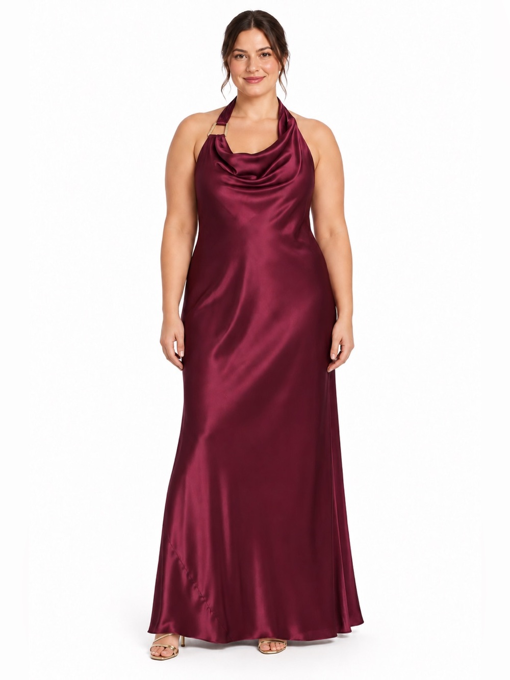 Morgan & Co Maxi Dress Womens XL Black Wine Satin Halter Cowl Neck Open Back NWT